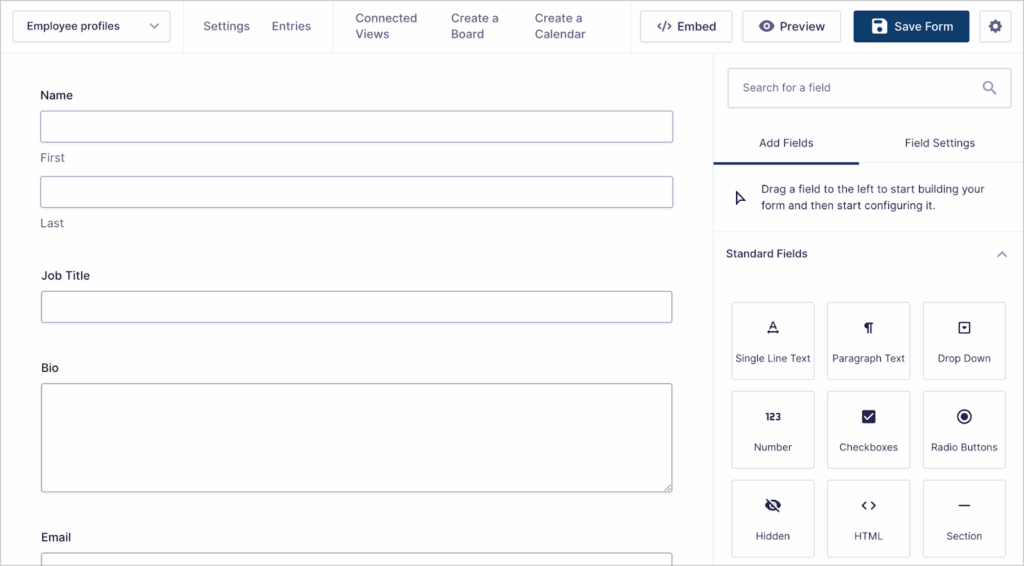 The Gravity Forms visual form editor: there are visible fields here such as Name, Job Title, Bio, Email.