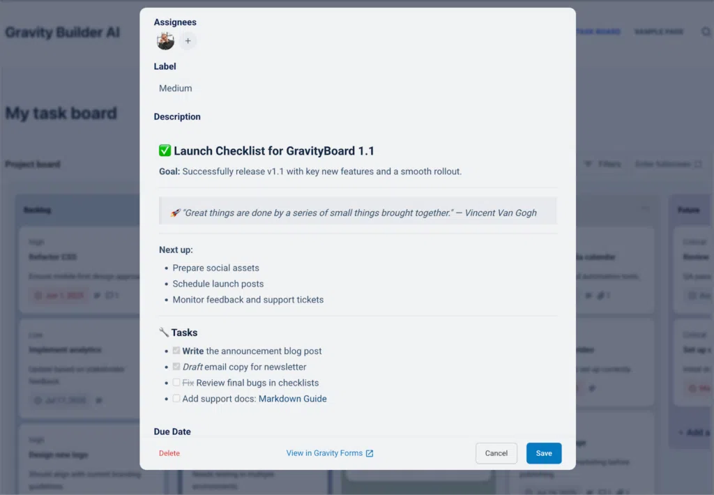 A card modal showing a detailed description that uses rich text