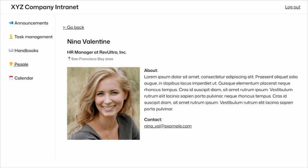 A single employee's profile showing their name, position, location, picture, bio and email address