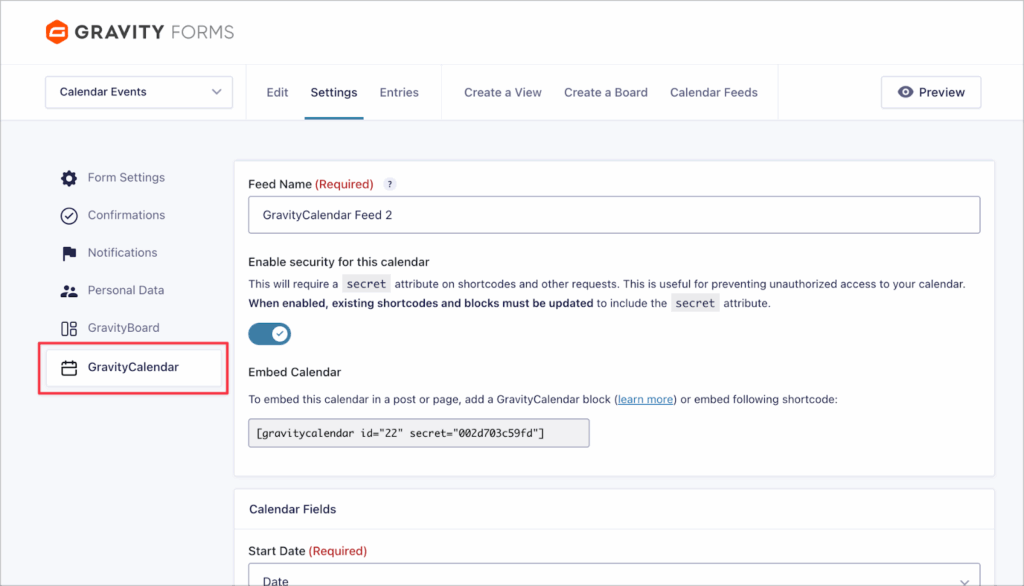 The GravityCalendar feed settings page