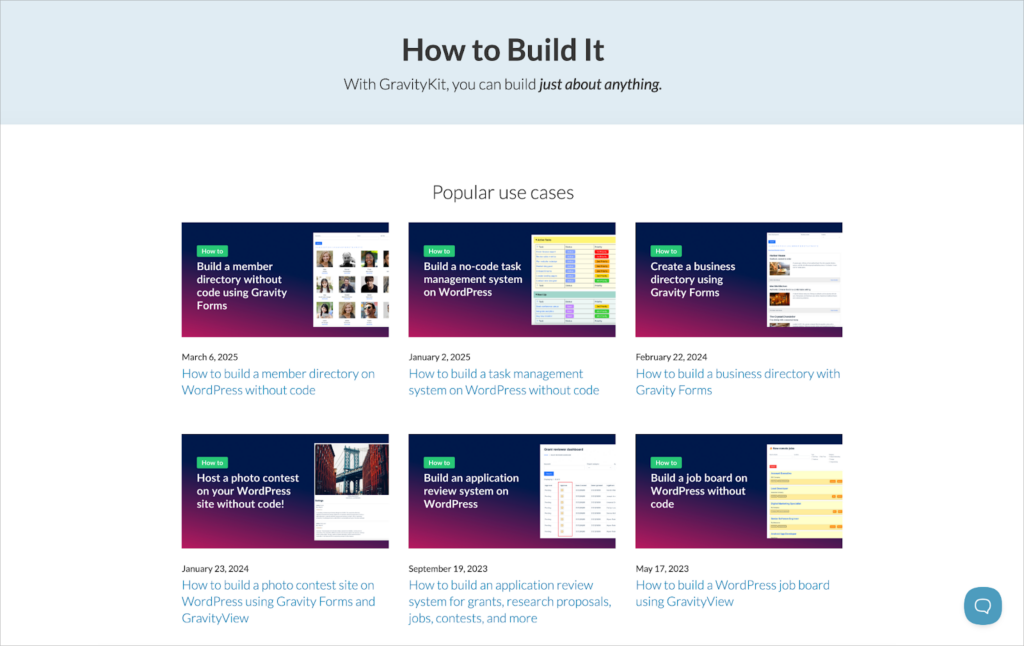 The GravityKit 'Build It' page; the title reads 'How to Build It: With GravityKit you can build just about anything'