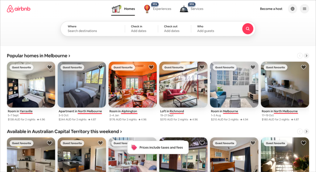 The AirBnB homepage showing personalized results for Australia