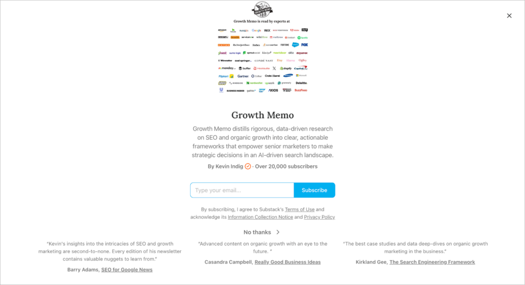 The Substack website; there is an email input field prompting the user to subscribe