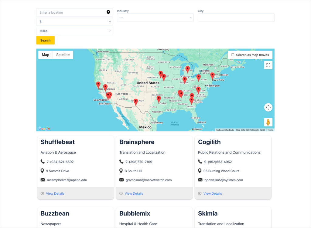 A directory with a live map