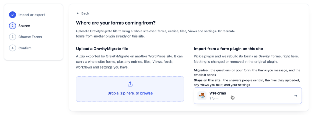 The Source step of the GravityMigrate wizard, with WPForms and its form count listed under Import from a form plugin on this site