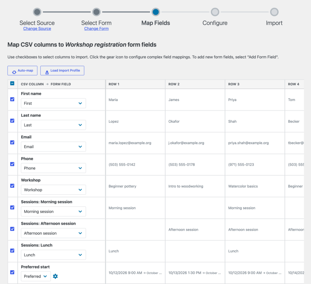 GravityImport mapping columns from a WPForms entries export, with first and last name columns and one column per checkbox choice, to the migrated form's fields