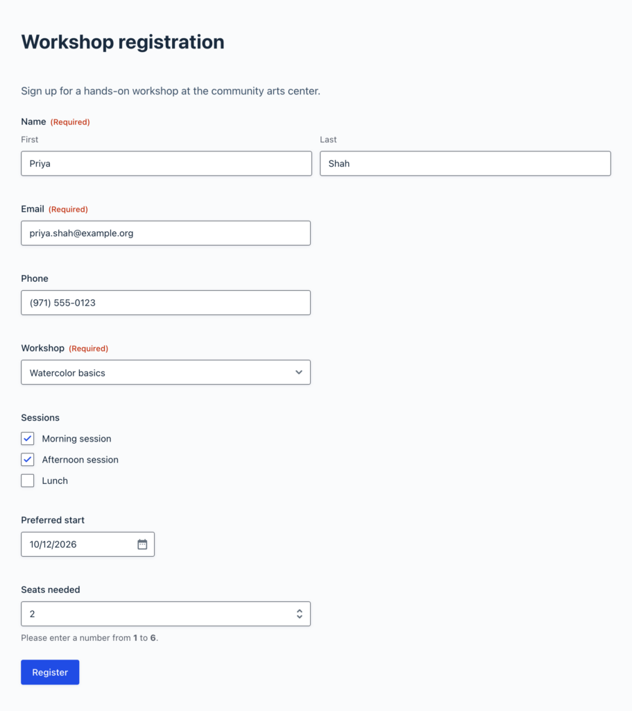 The migrated Workshop registration form live on a page in Gravity Forms, with name, email, workshop, sessions, start date and seats fields
