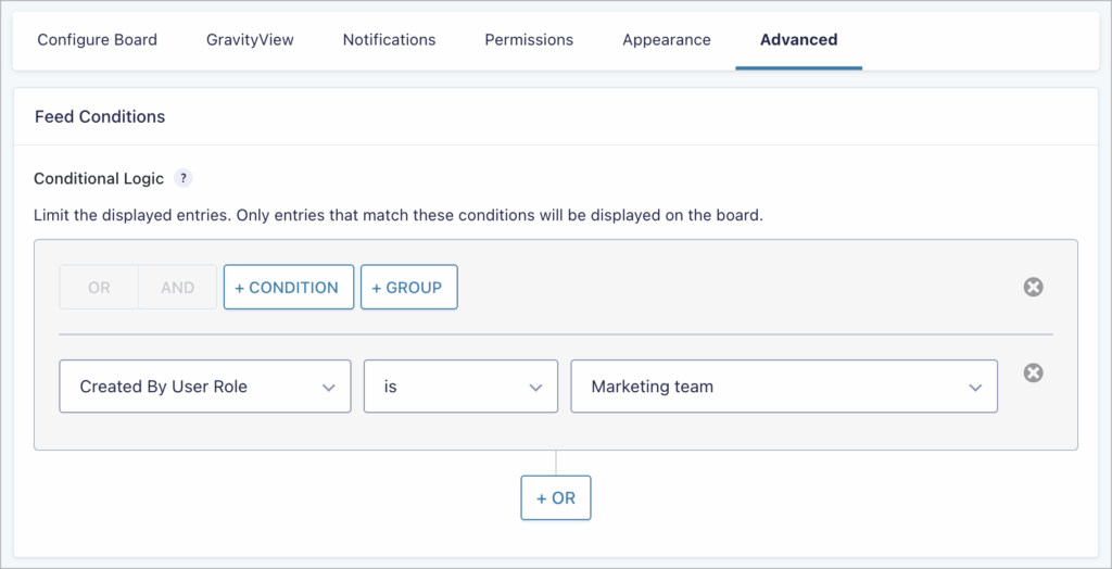 GravityBoard conditional logic settings