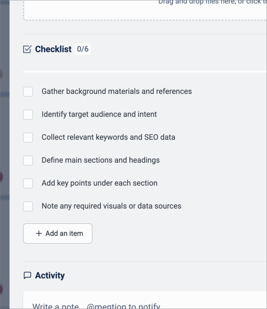 A checklist with 6 items —
Gather background materials and references; Identify target audience and intent; Collect relevant keywords and SEO data; Define main sections and headings; Add key points under each section; Note any required visuals or data sources.