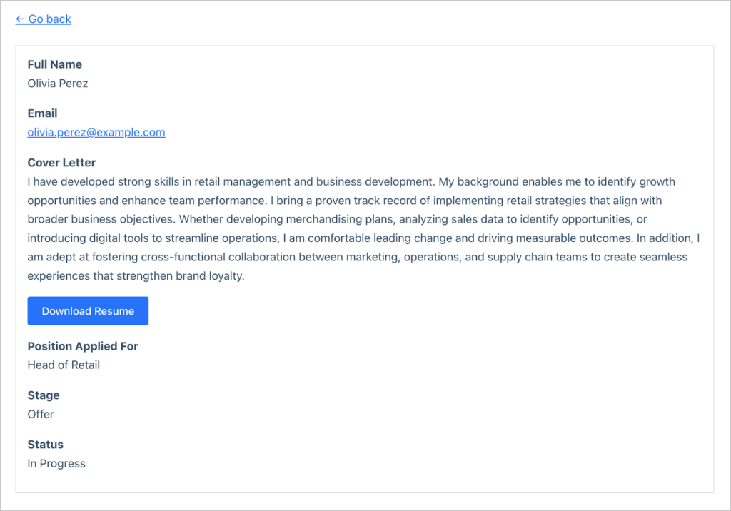 An applicant profile showing the full name, email, cover letter, a button to download a resume, the position applied for, application stage and status.