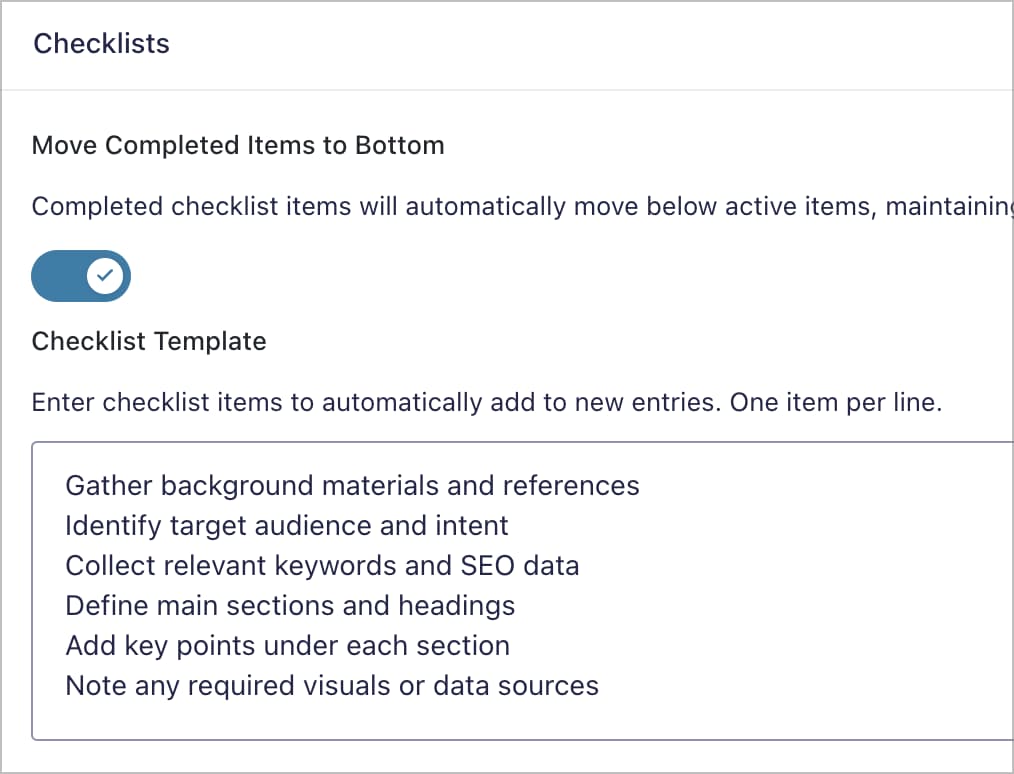 An input box in the GravityBoard Advanced settings titled "Checklist Template".