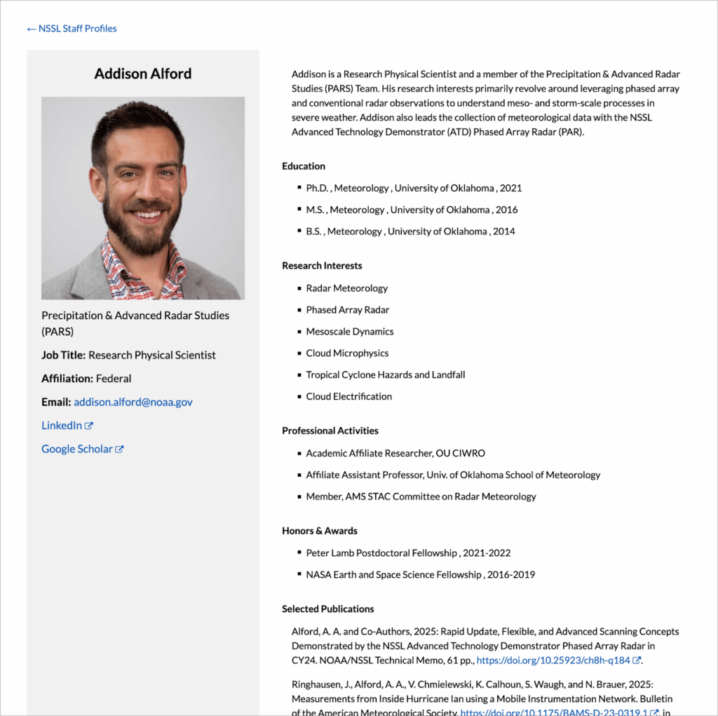 An NSSL staff profile showing the employee's image, bio, education, research interests, relevant links, and more.