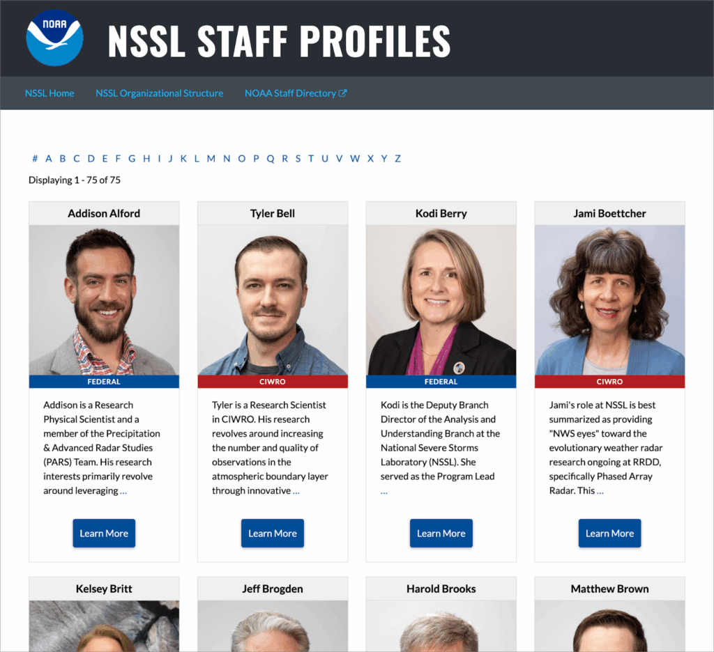 The NSSL staff profile directory showing staff profiles in a 4-column grid.
