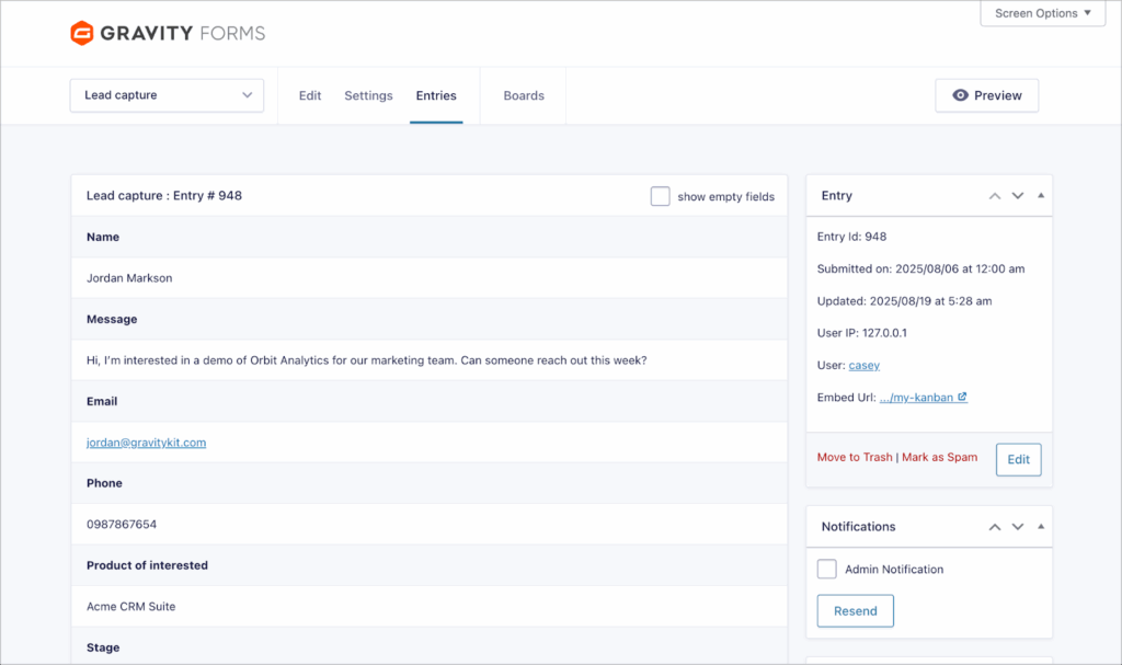 A Gravity Forms entry in the Gravity Forms backend