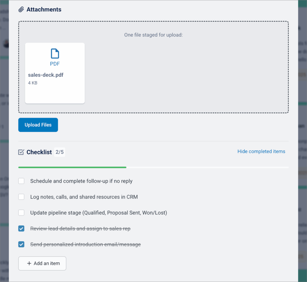 A card modal in GravityBoard; visible is an area for adding attachments and below that is a checklist