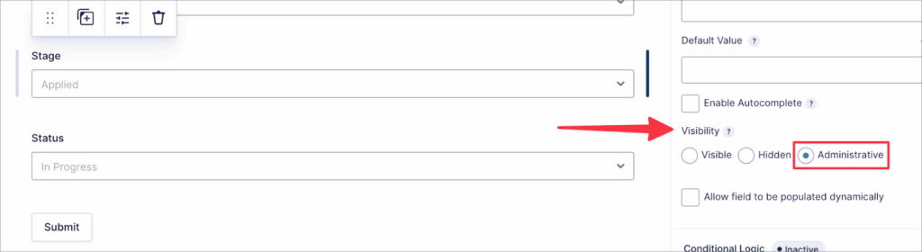 The field visibility settings in Gravity Forms; the 'administrative' option is highlighted.
