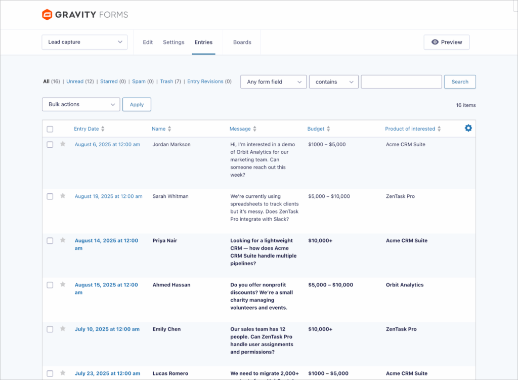 The Gravity Forms entries page