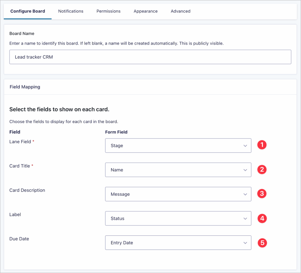 5 dropdown for mapping form fields to card display areas