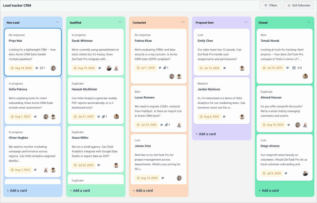 A kanban board showing cards in different lanes from 'new lead' through to 'closed'