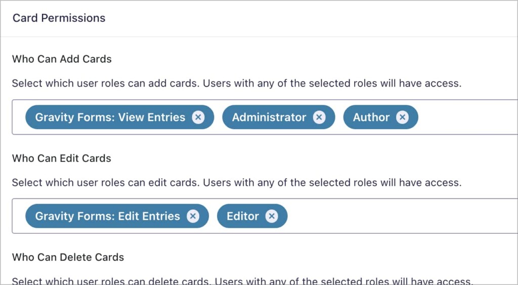 GravityBoard Permissions settings showing multiple user roles assigned to single board permissions