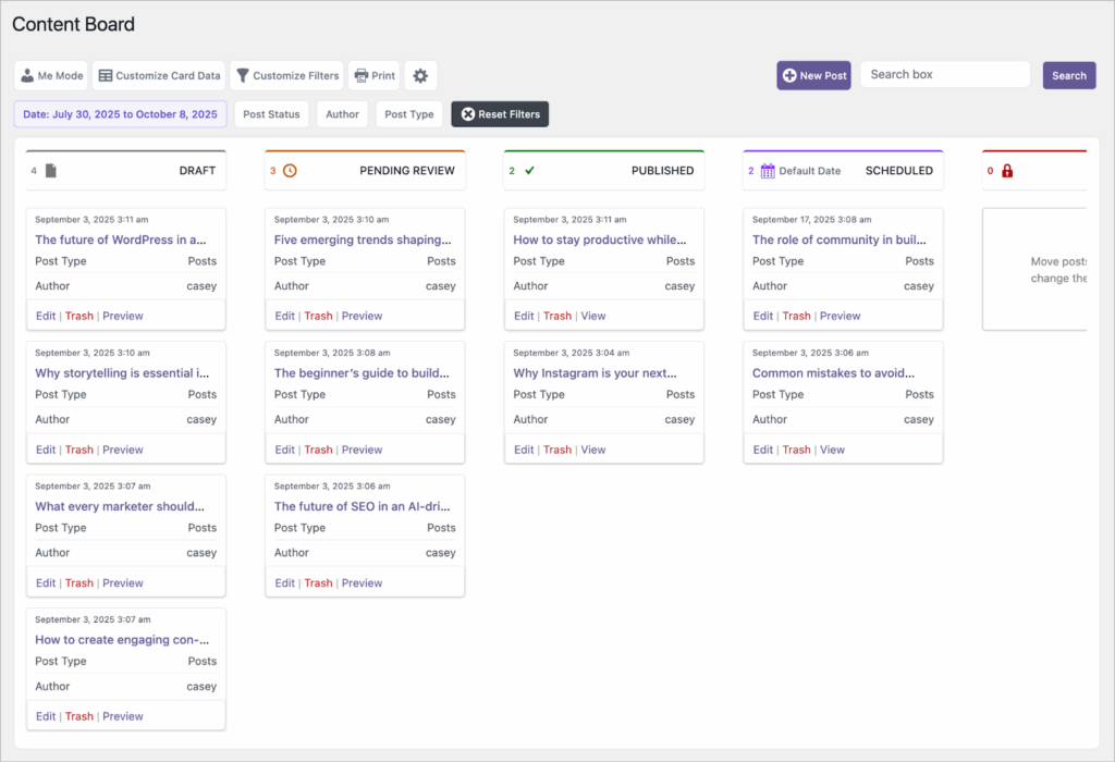 A Kanban board displaying WordPress posts