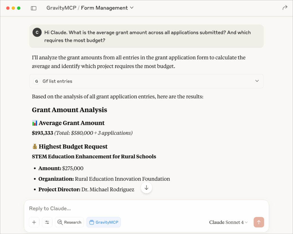 The Claude Desktop interface. Claude responds with the average grant amount and the application with the highest budget request.