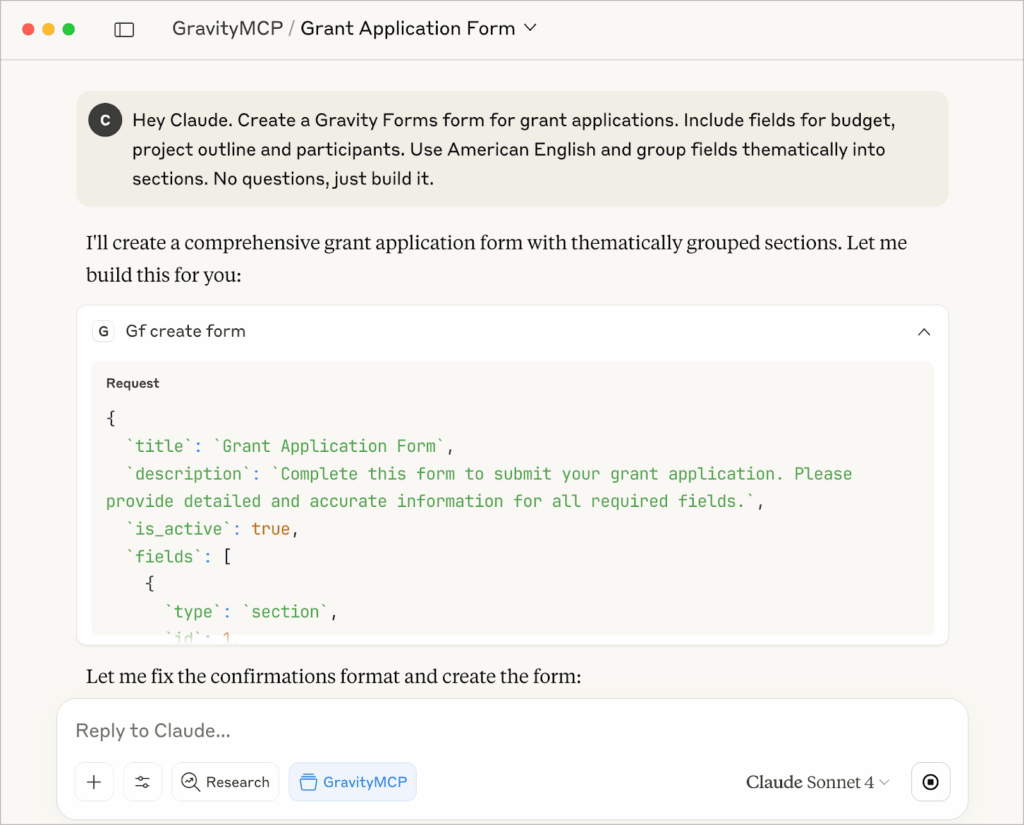 The Claude desktop interface. Claude responds to the request to build a form.