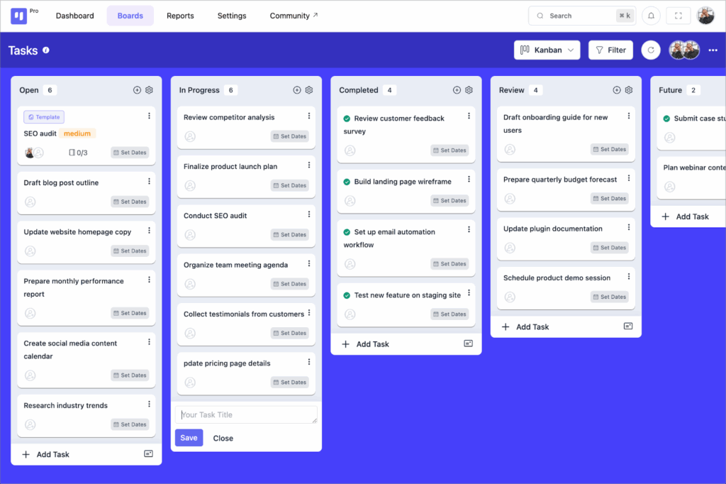 A Kanban Board showing tasks in different lanes