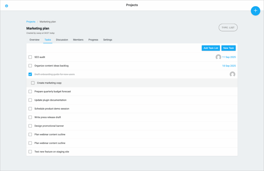 A checklist of tasks