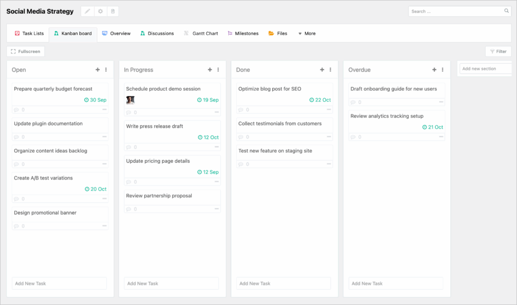 A Kanban board showing tasks in different lanes. Each lane corresponds to a status (e.g., 'In Progress').