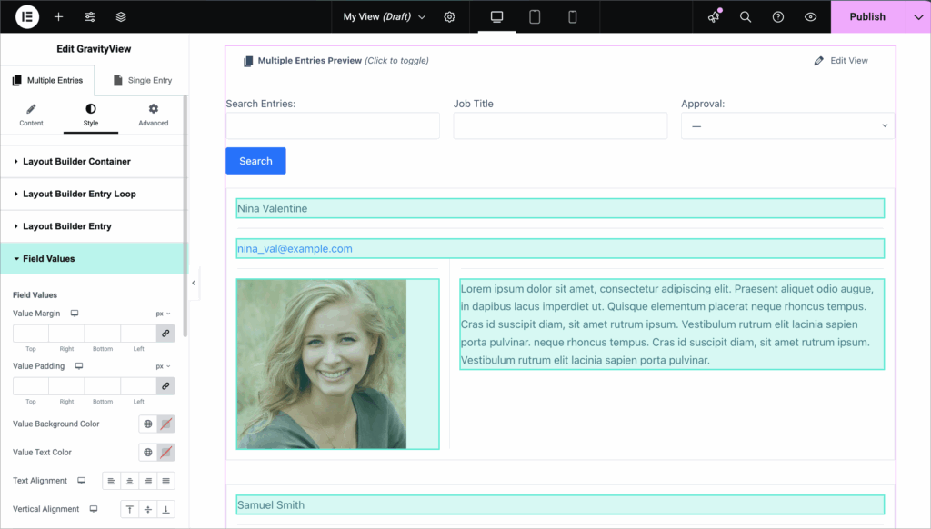 The GravityView Elementor styler interface. The mouse is hovered over the 'Field Values' section, with the corresponding View areas highlighted.