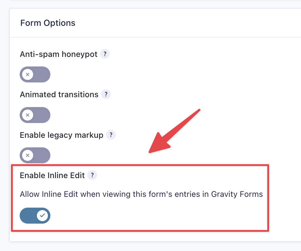 Enable Inline Edit option selected for Gravity Forms in form options menu