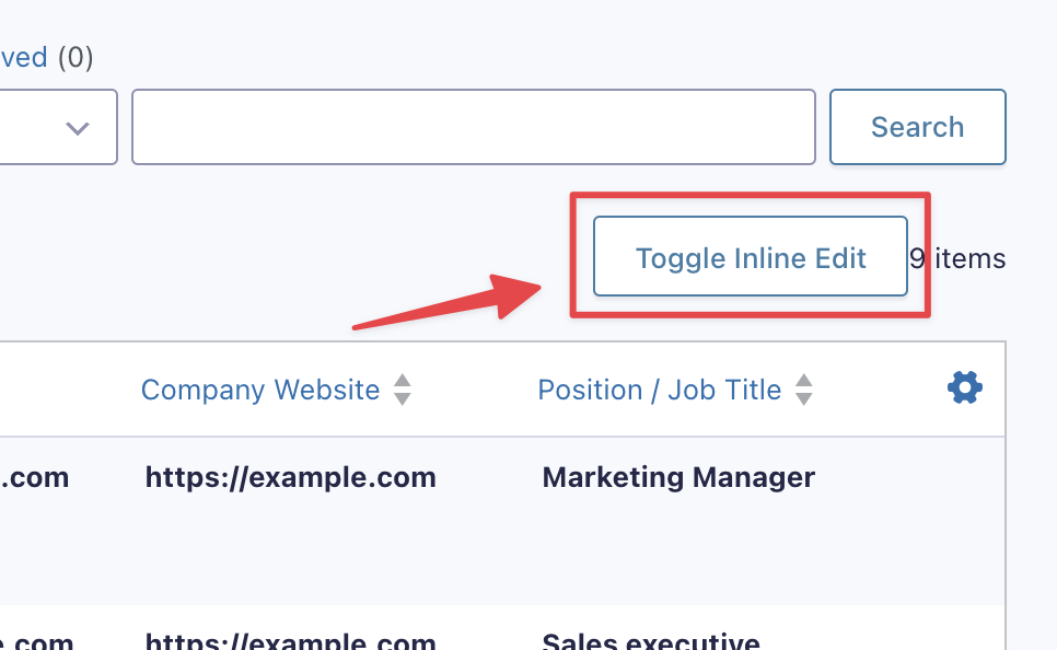 The 'Toggle Inline Edit' button at the top right of the Entries page in Gravity Forms