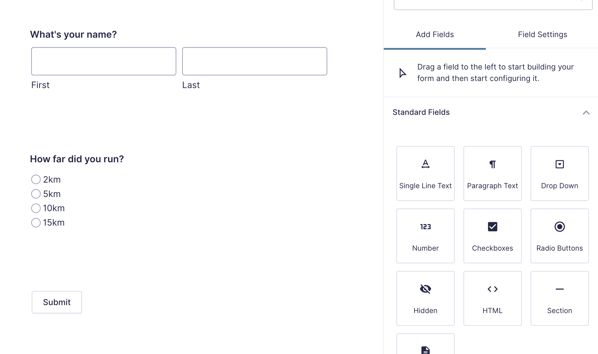 Form builder interface with fields for name and run distance; options for standard field types on the right