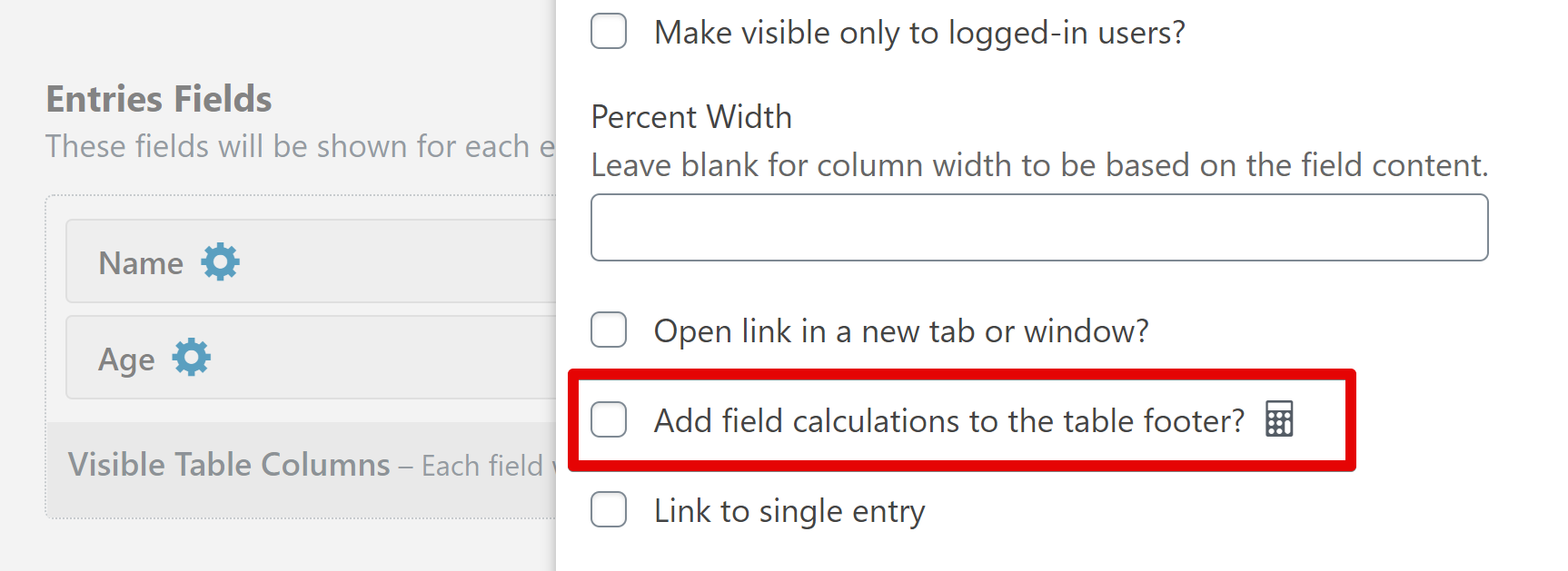 Checkbox option to add field calculations to a table footer