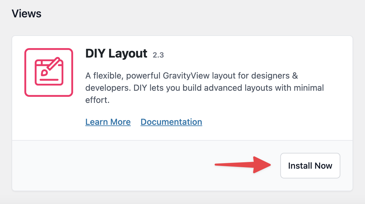 DIY Layout plugin card with version, description, and "Install Now" button. Links to "Learn More" and "Documentation"