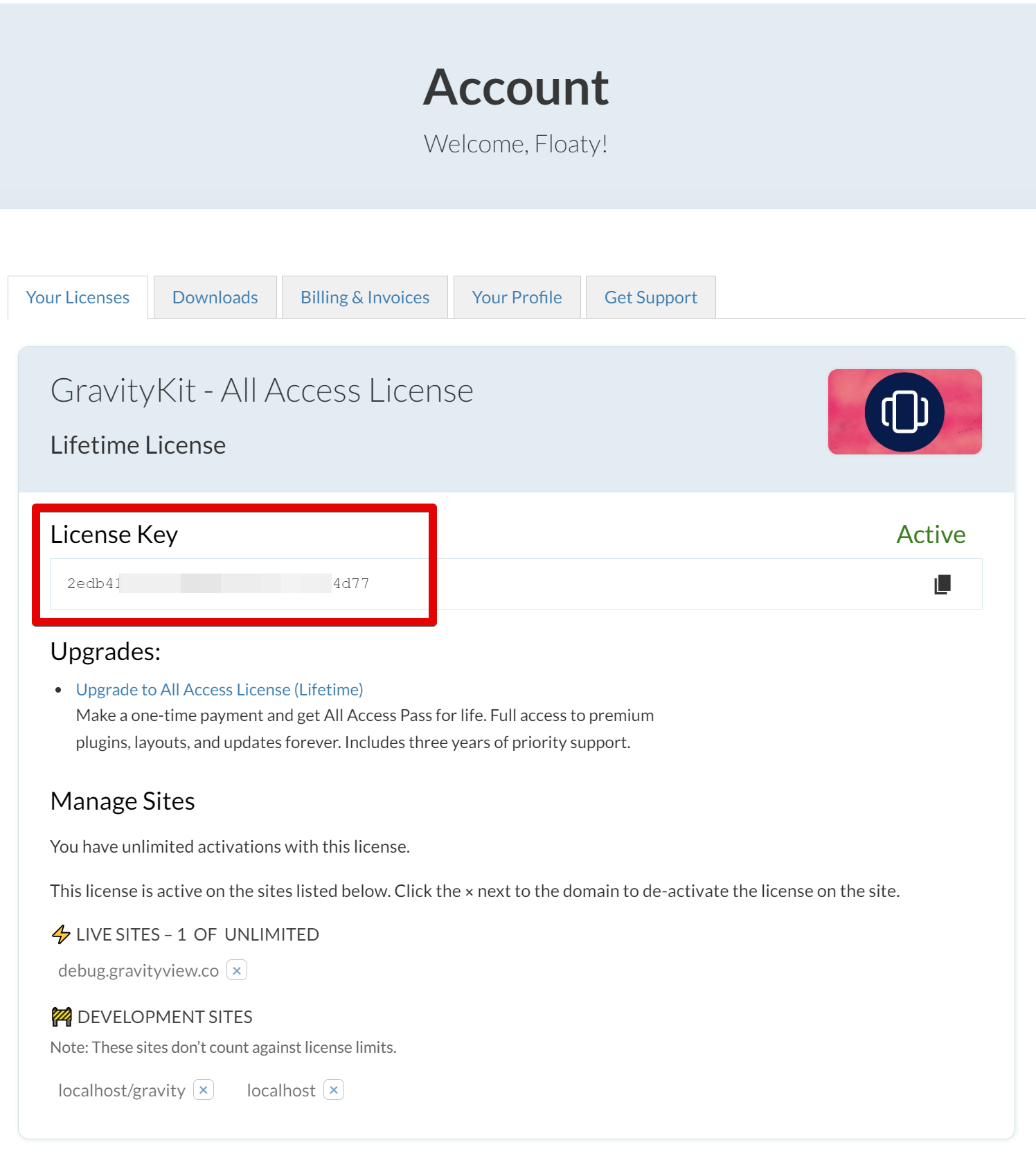 GravityKit account page displaying an active license key, upgrade options, and site management details