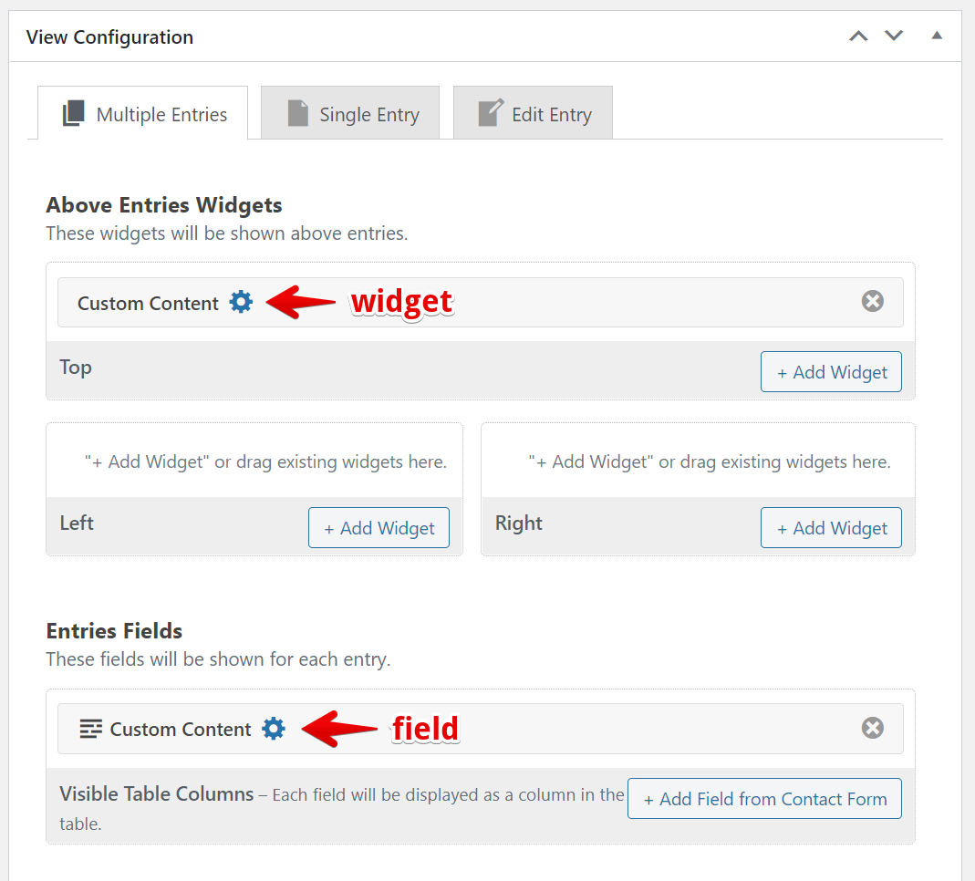 Custom Content is shown as a widget above entries and as a field in the entries section