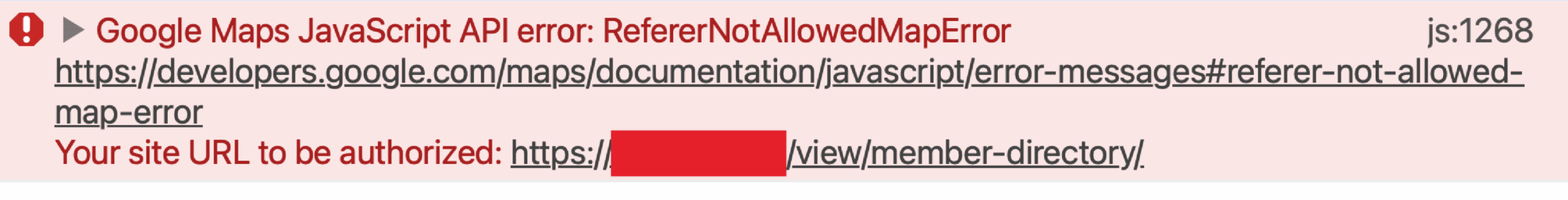 Google Maps JavaScript API RefererNotAllowedMapError; site URL not authorized, link to error documentation provided
