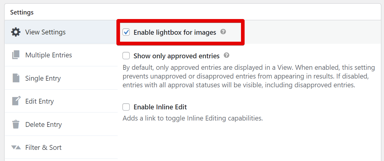 Settings menu with checkbox to enable lightbox for images