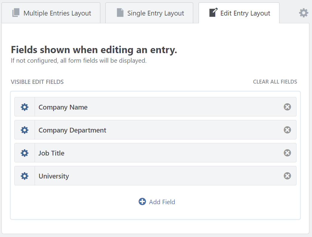 Edit Entry screen with fields: Company Name, Department, Job Title, University; option to add or clear fields