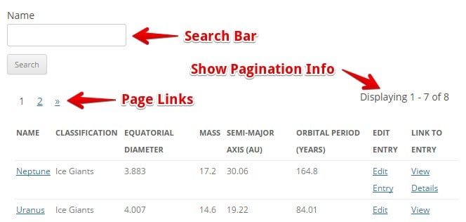 Search bar, pagination info, and links in a widget table displaying solar system object data for navigation and editing
