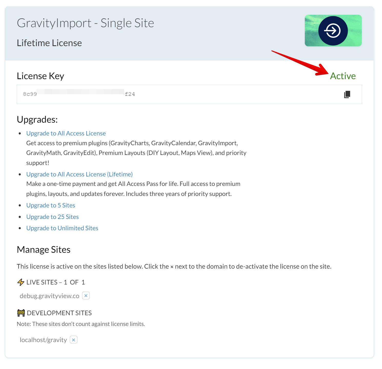 GravityKit account page overview with options for license management and site upgrades