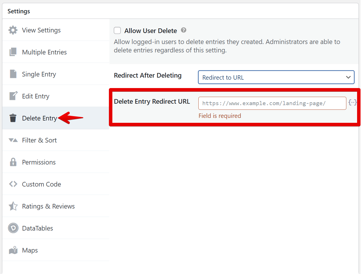Settings for redirecting users to a URL after deleting an entry, with editable URL field
