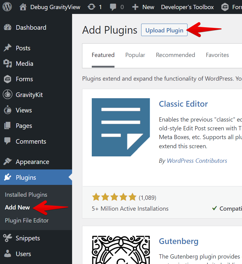 Add Plugins page with "Upload Plugin" button and "Add New" option highlighted