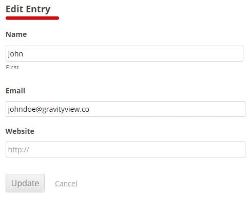 Edit Entry page with fields for name, email, website, and options to update or cancel