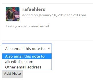 Dropdown option selected for emailing a note; options include email addresses and adding a new address