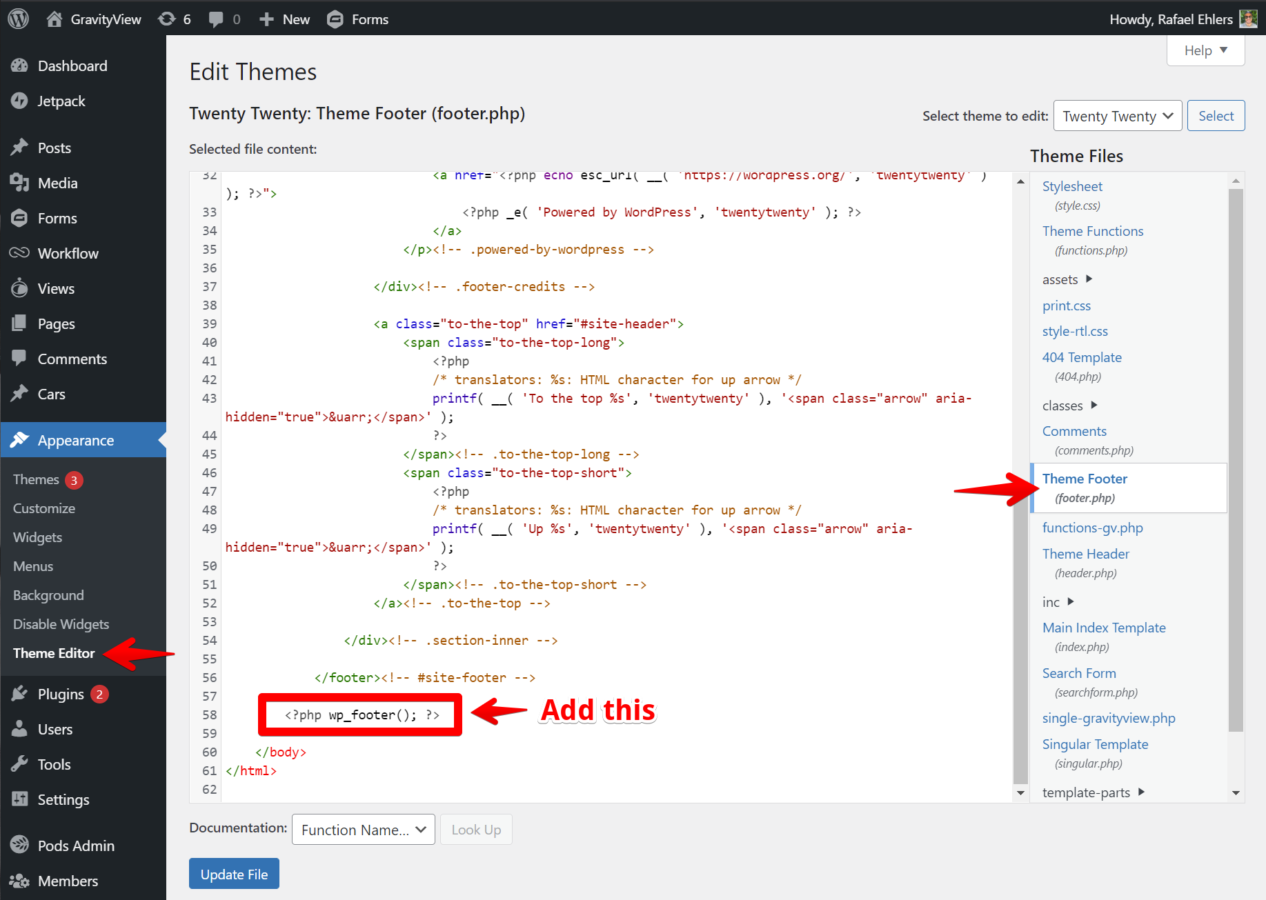 WordPress Theme Editor showing code in footer.php, highlighting adding "<?php wp_footer(); ?>" near the end