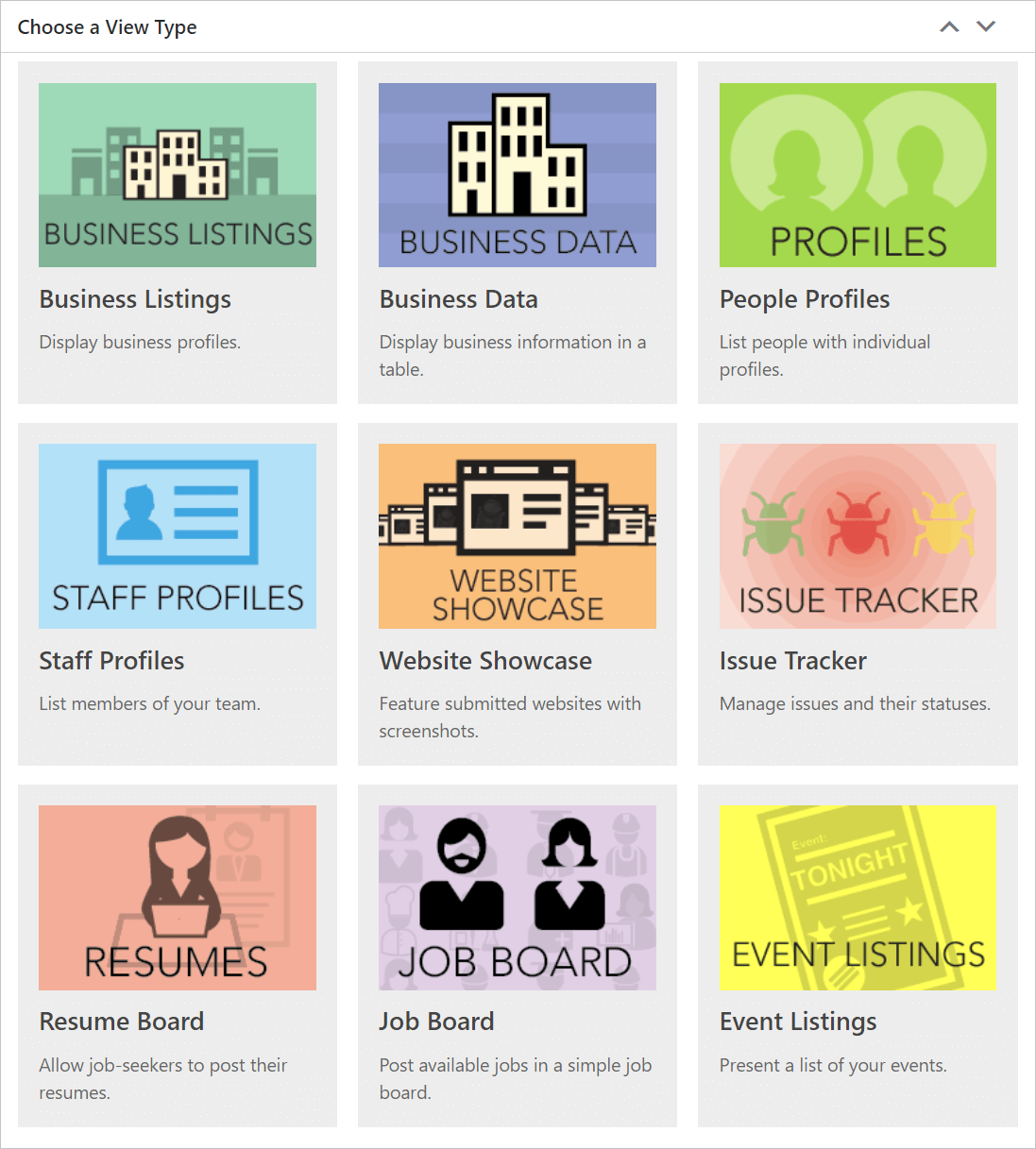 Form presets: Options for business listings, data, profiles, staff, websites, issues, resumes, jobs, and events