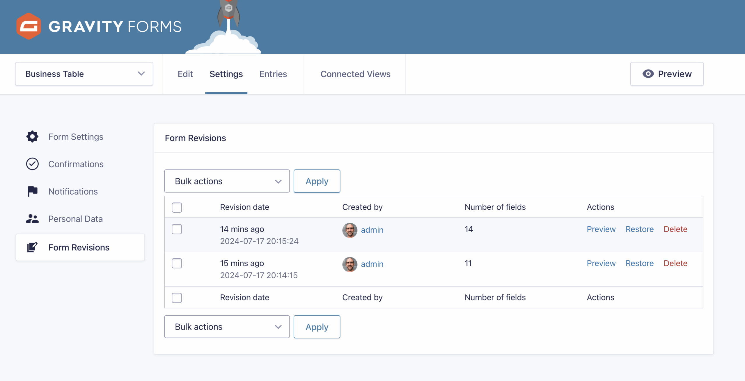 Form Revisions screen in Gravity Forms, listing revision dates, creators, fields, and actions: Preview, Restore, Delete